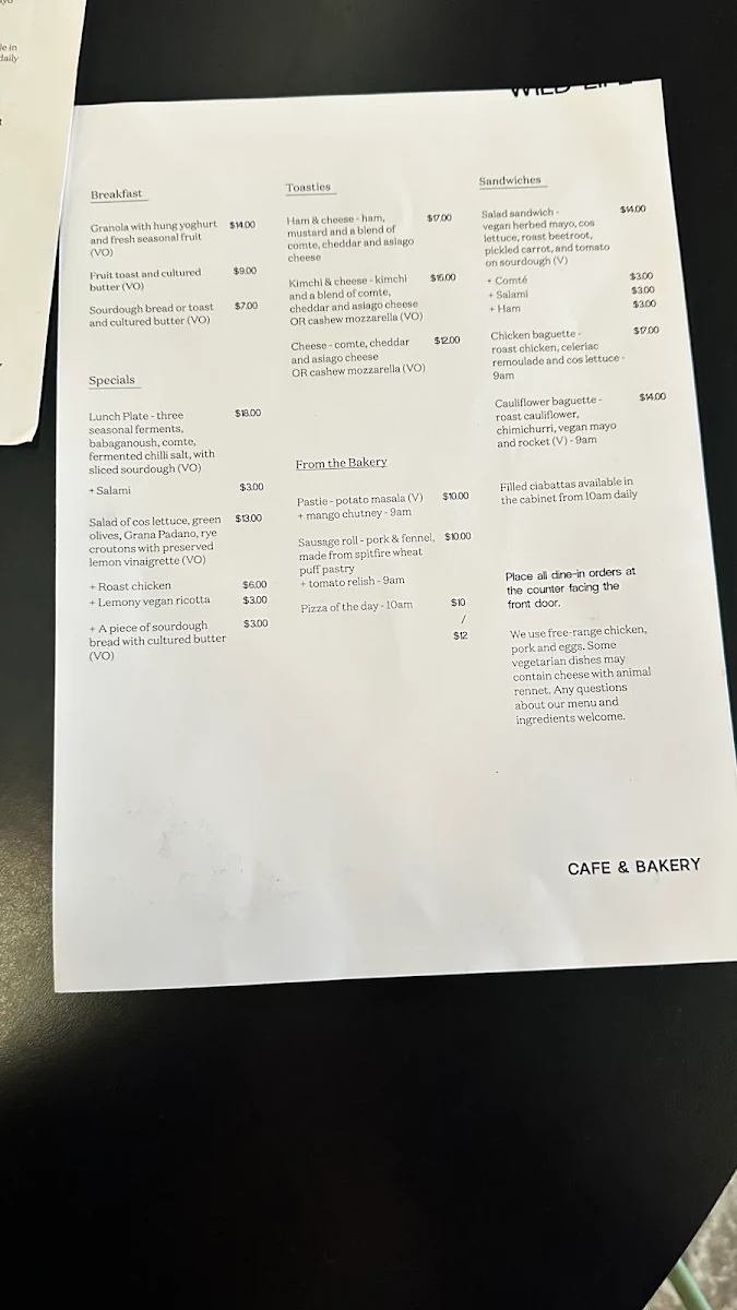 Menu, Wild Life Bakery