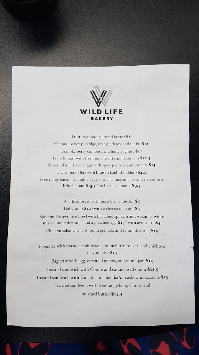 Menu, Wild Life Bakery