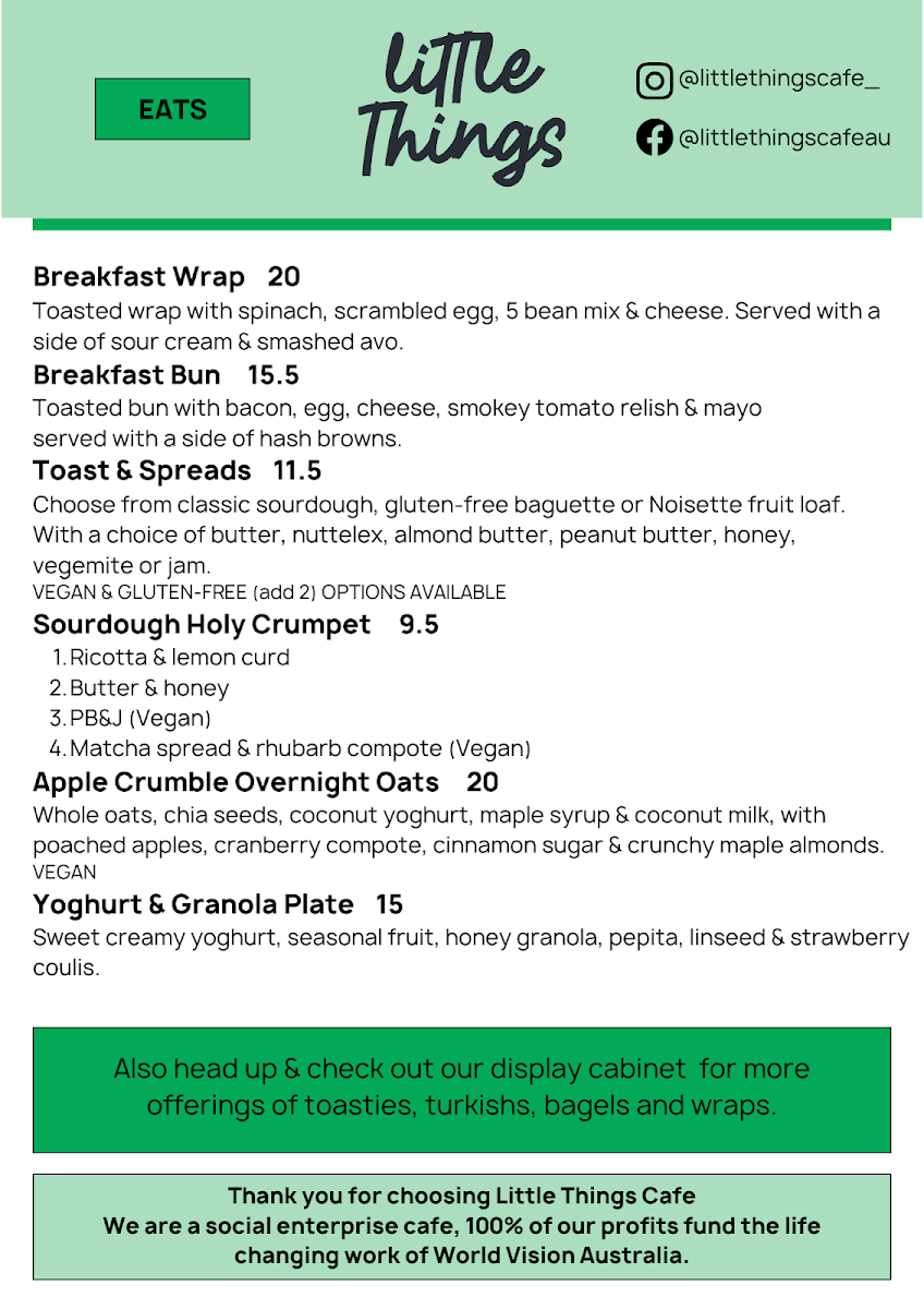 Menu, Little Things Cafe (Blackburn)