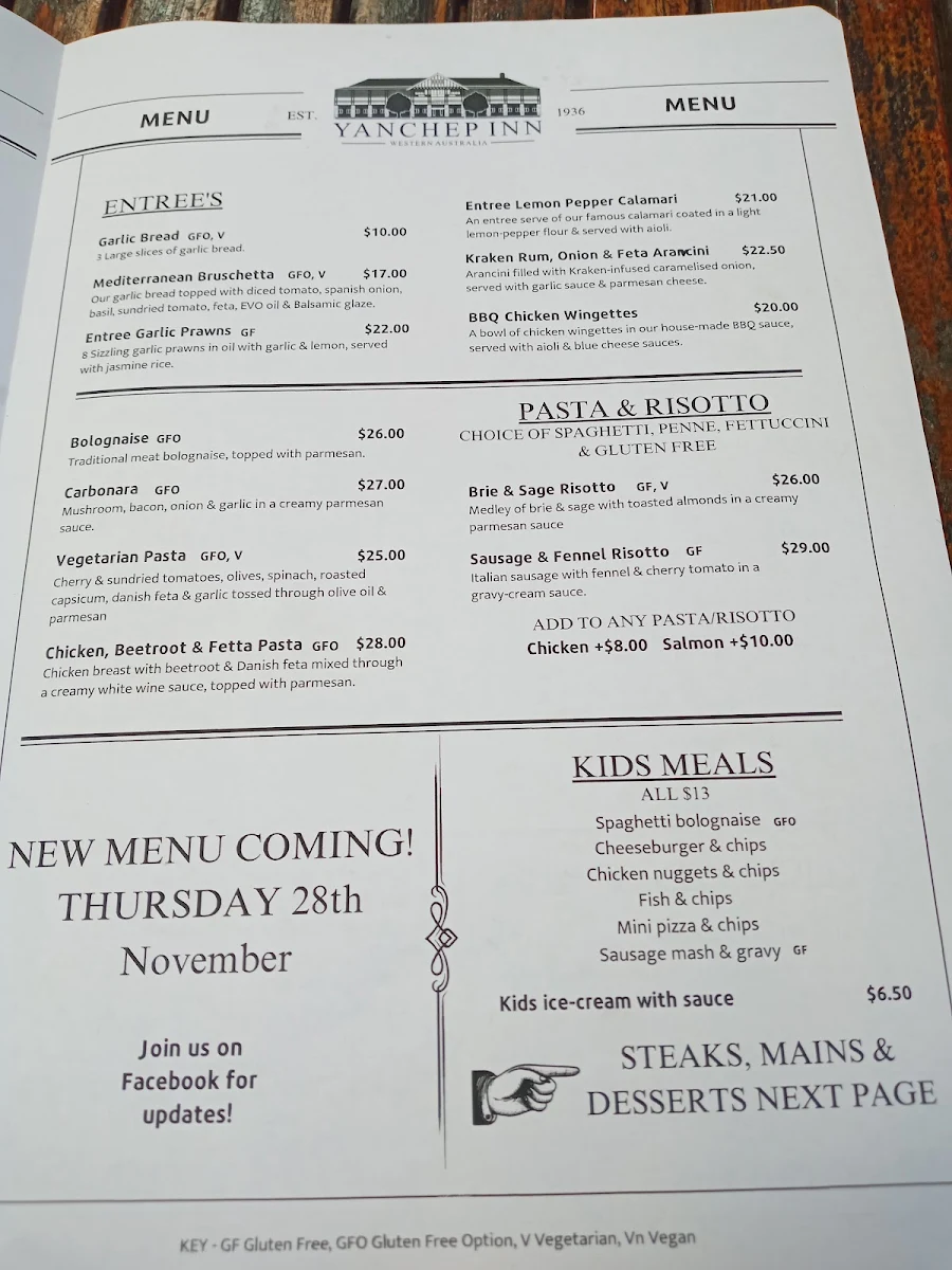 Menu, Yanchep Inn