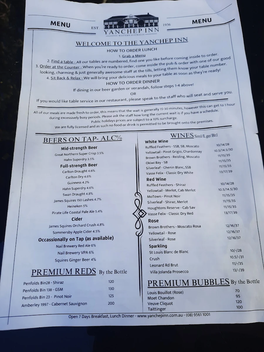 Menu, Yanchep Inn