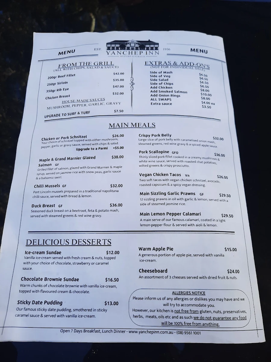 Menu, Yanchep Inn