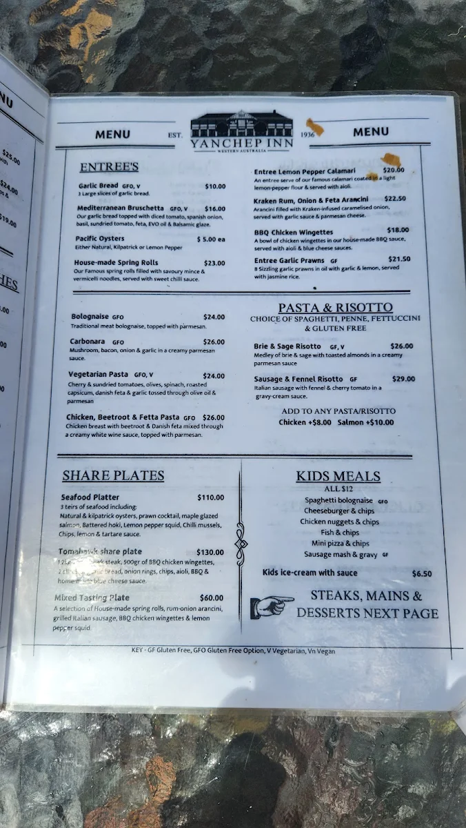 Menu, Yanchep Inn