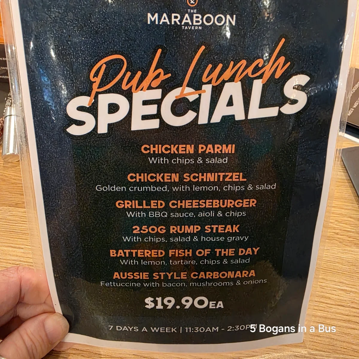 Menu, The Maraboon Tavern