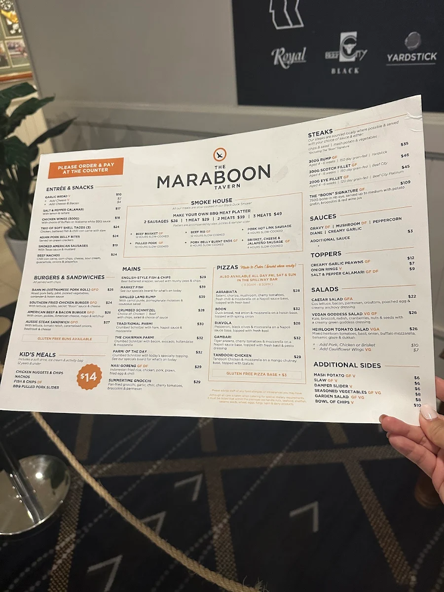 Menu, The Maraboon Tavern