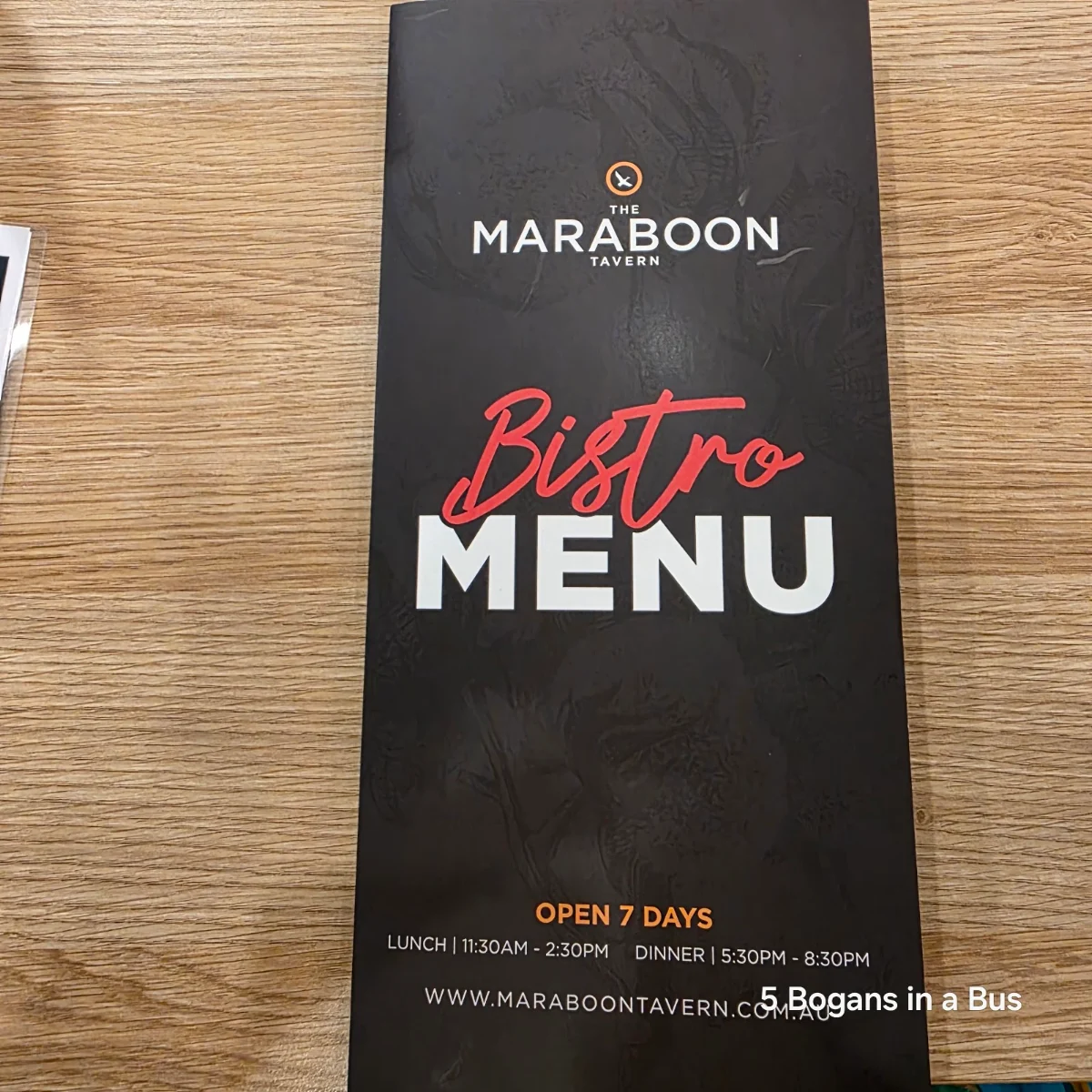 Menu, The Maraboon Tavern