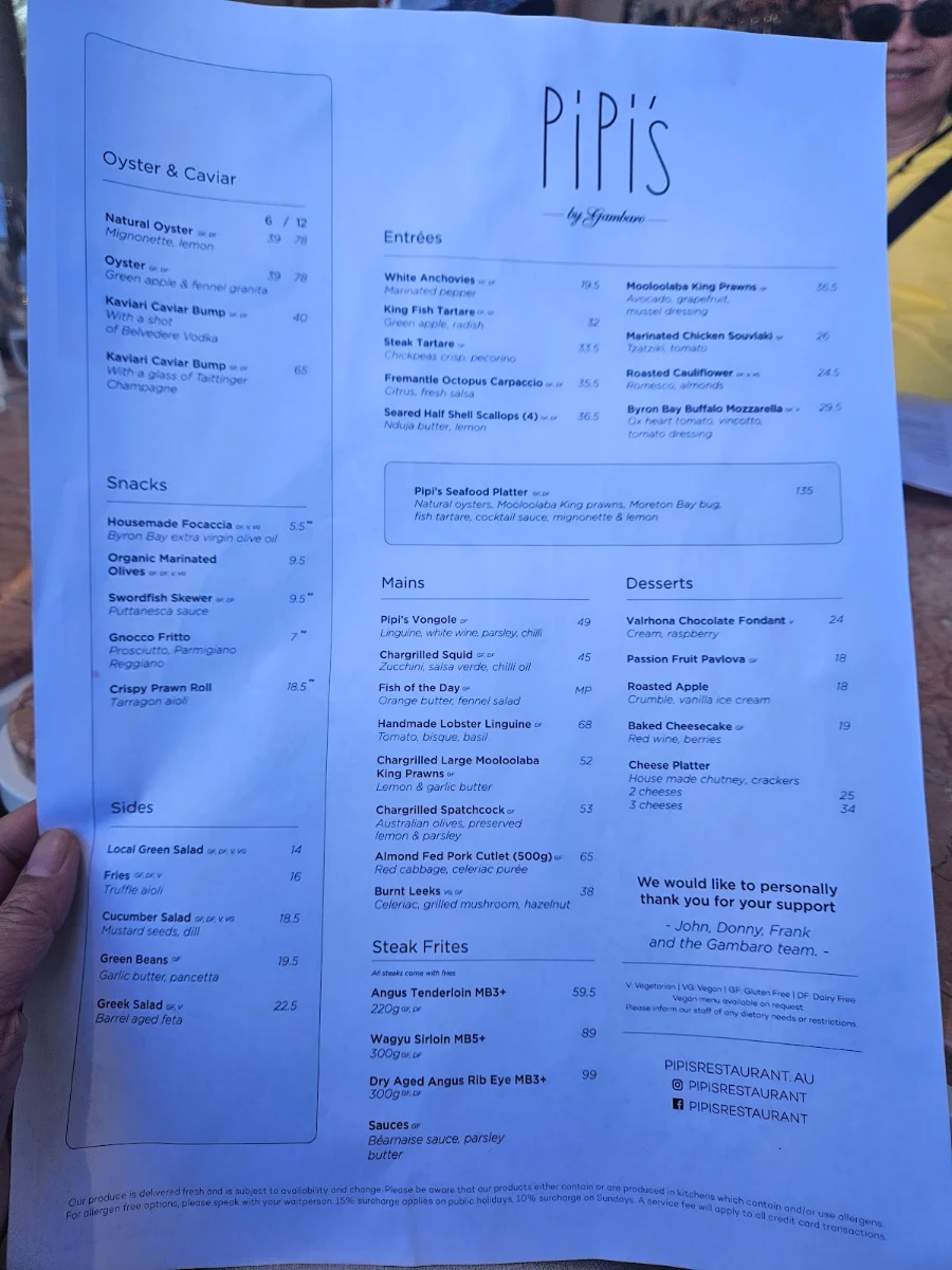 Menu, Pipi's Restaurant