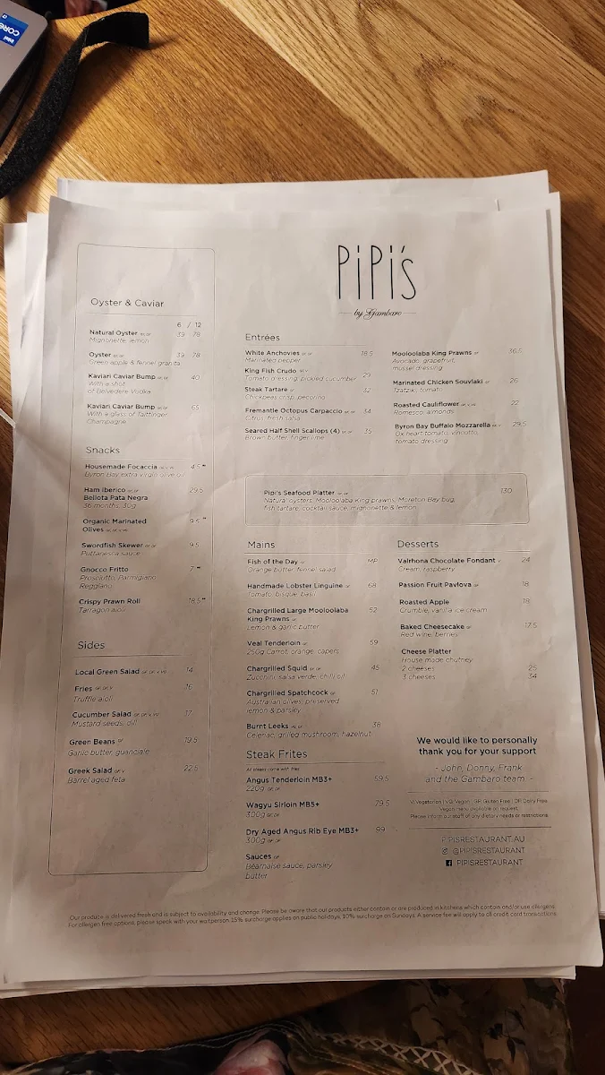 Menu, Pipi's Restaurant