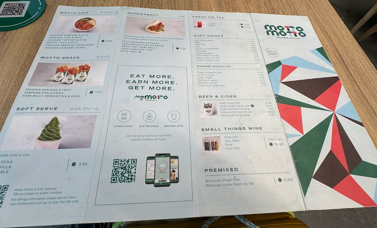 Menu, Motto Motto Japanese Kitchen - South Bank