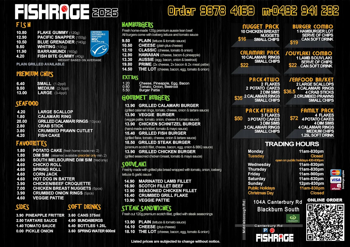 Menu, FISHRAGE Blackburn (best fish & chips)