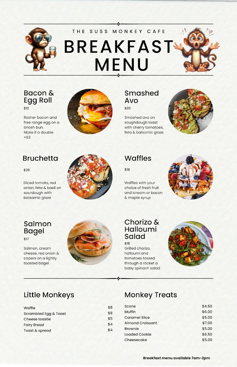 Menu, The Suss Monkey Cafe