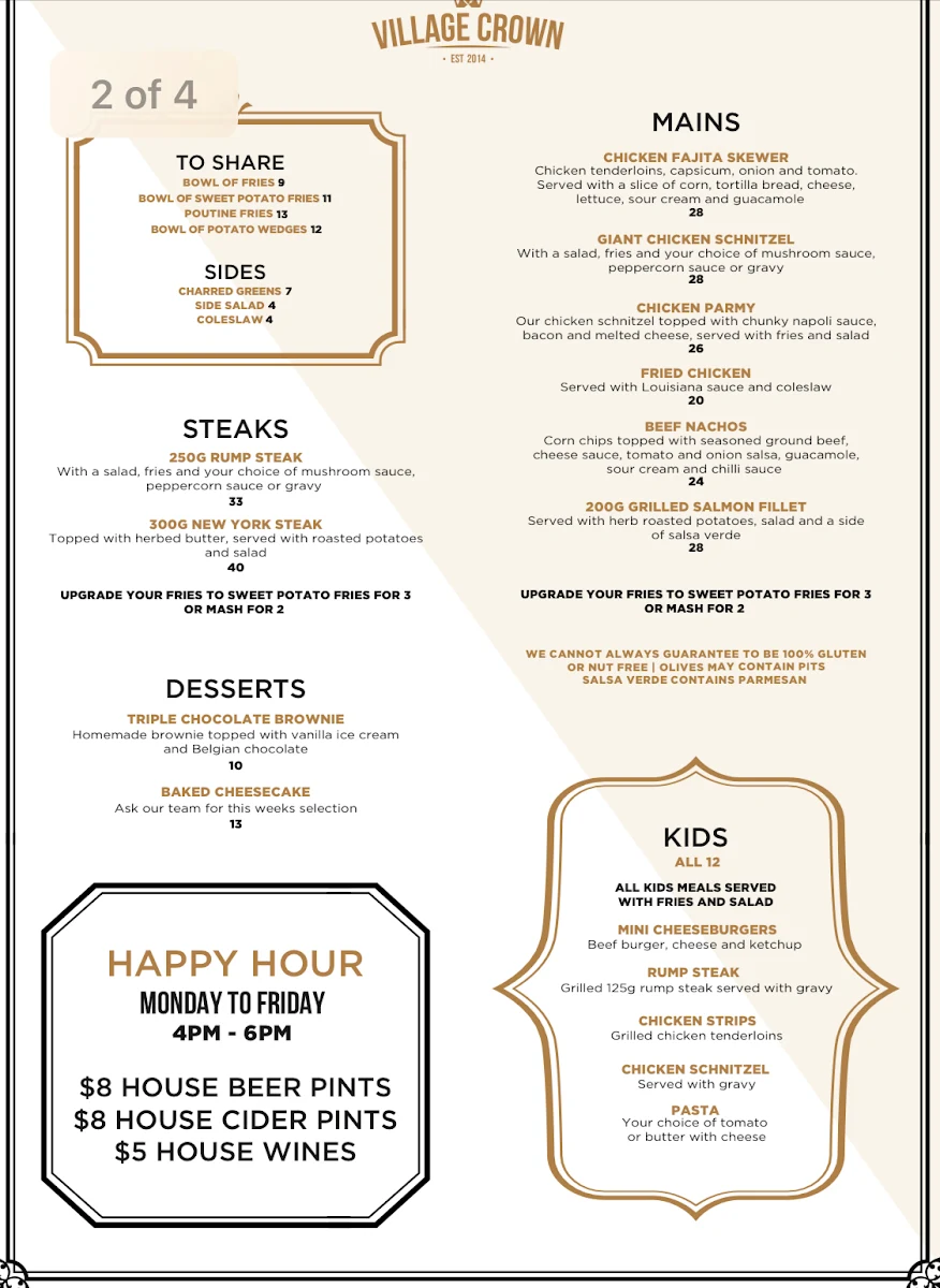 Menu, Village Crown