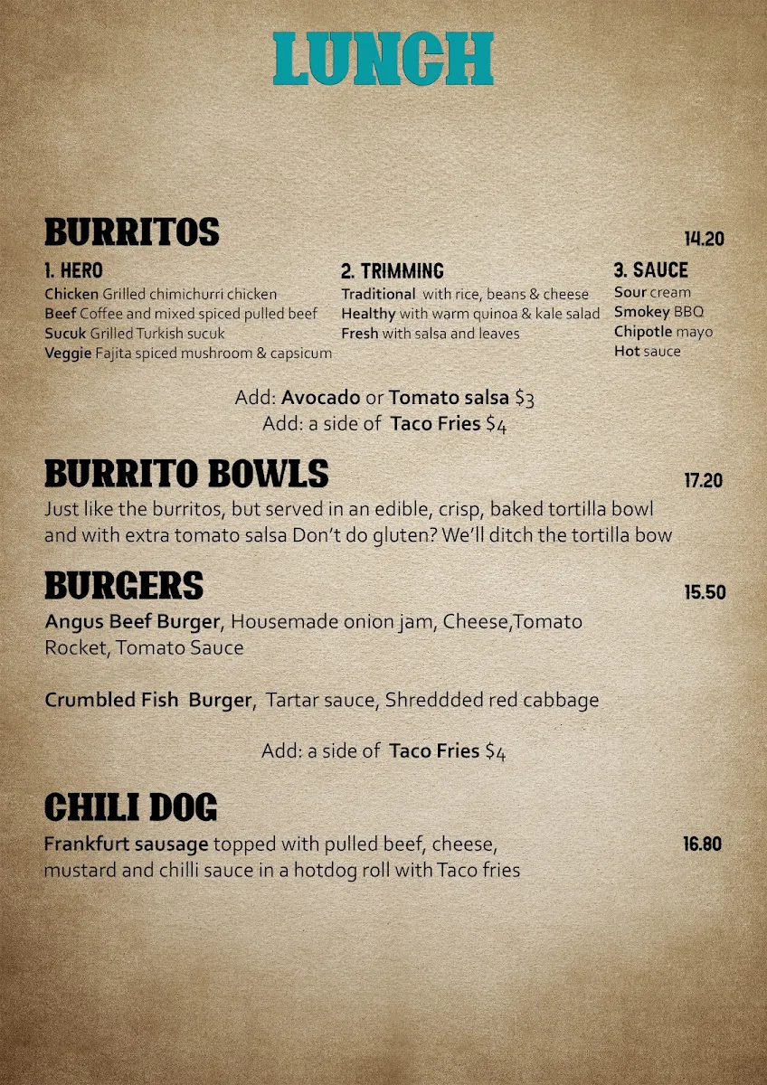 Menu, La Taza Cafe