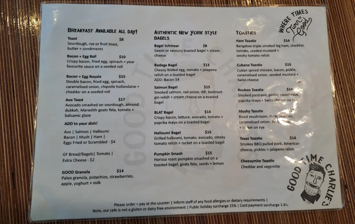 Menu, Good Time Charlie's