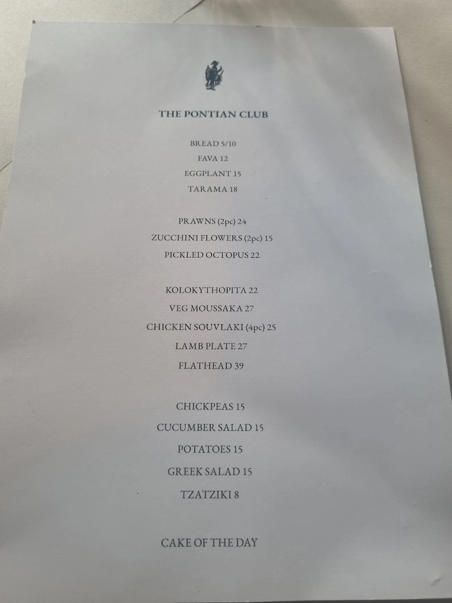 Menu, The Pontian Club