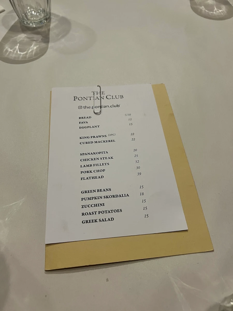Menu, The Pontian Club