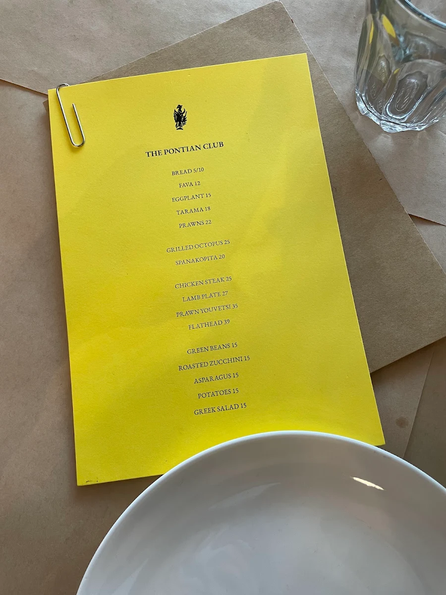 Menu, The Pontian Club