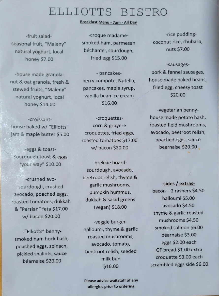 Menu, Elliott's Bistro