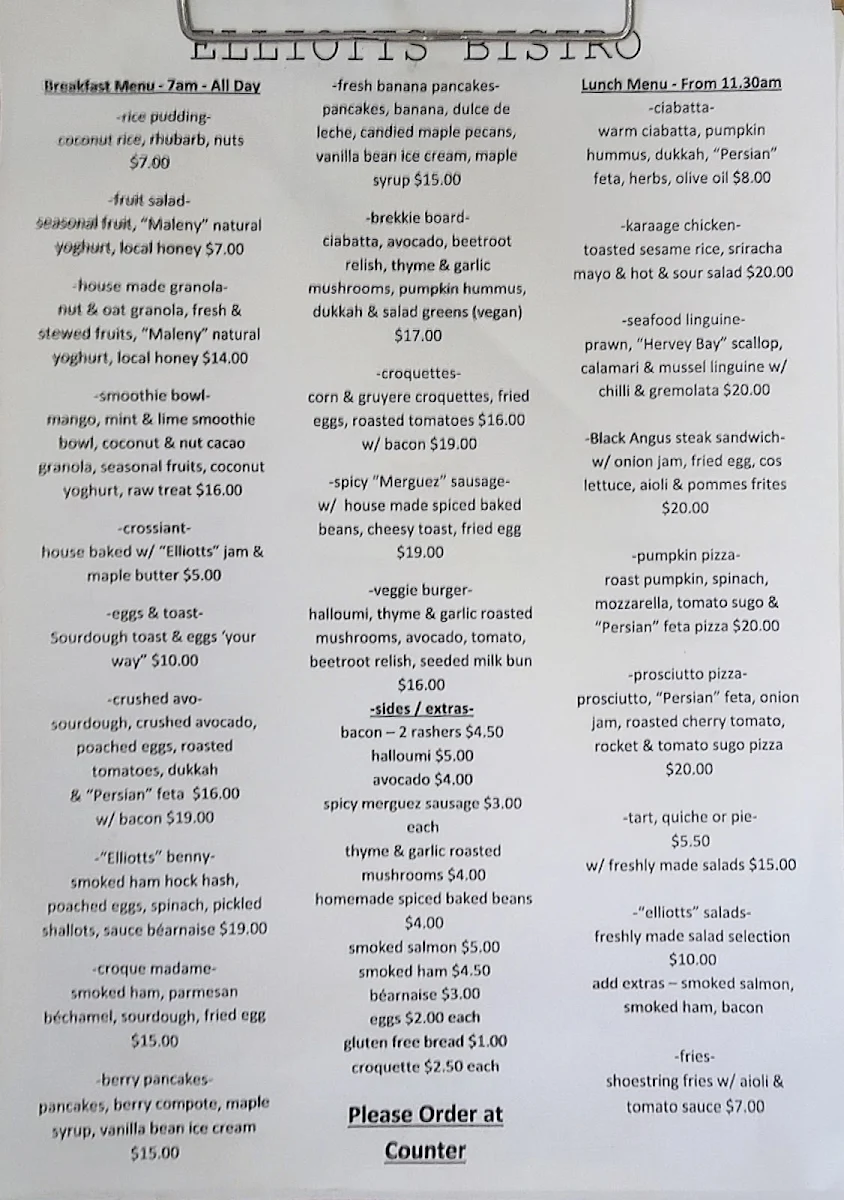Menu, Elliott's Bistro