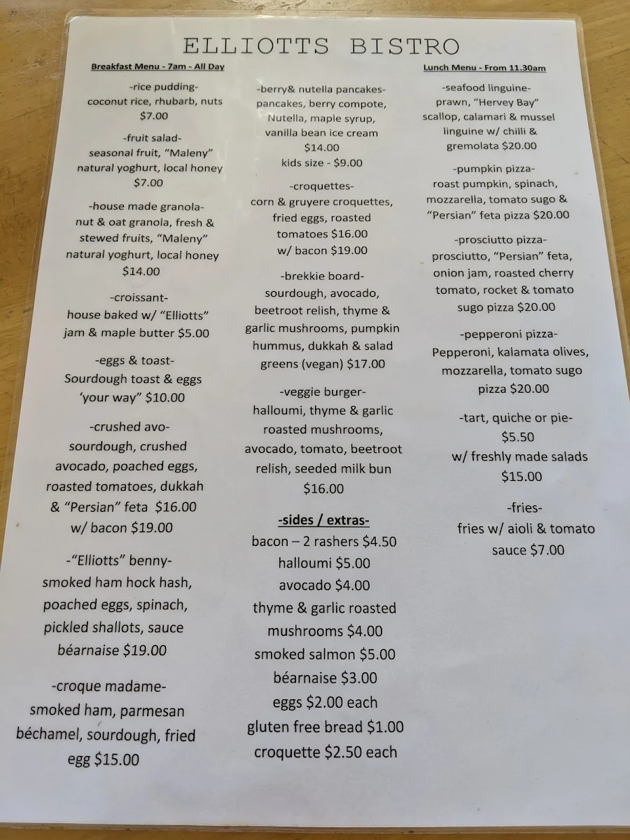 Menu, Elliott's Bistro
