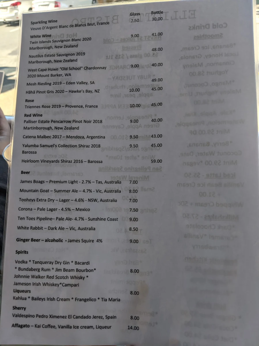 Menu, Elliott's Bistro