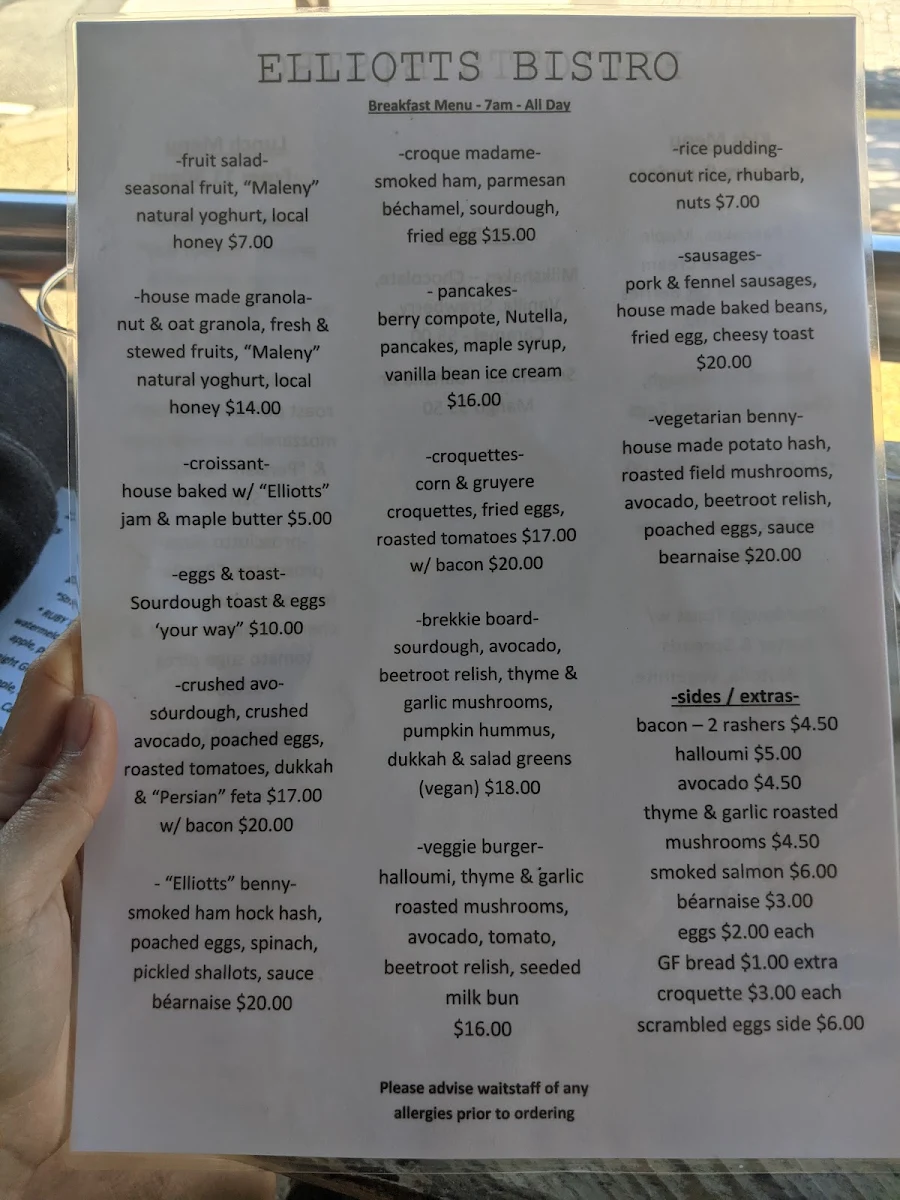Menu, Elliott's Bistro