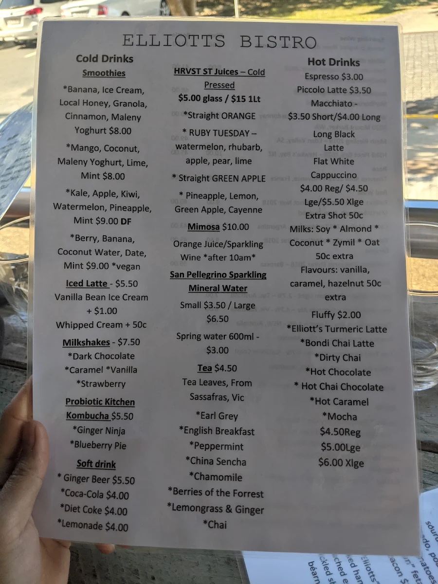 Menu, Elliott's Bistro