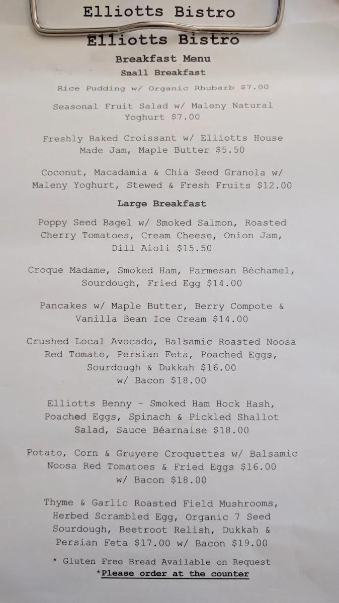 Menu, Elliott's Bistro