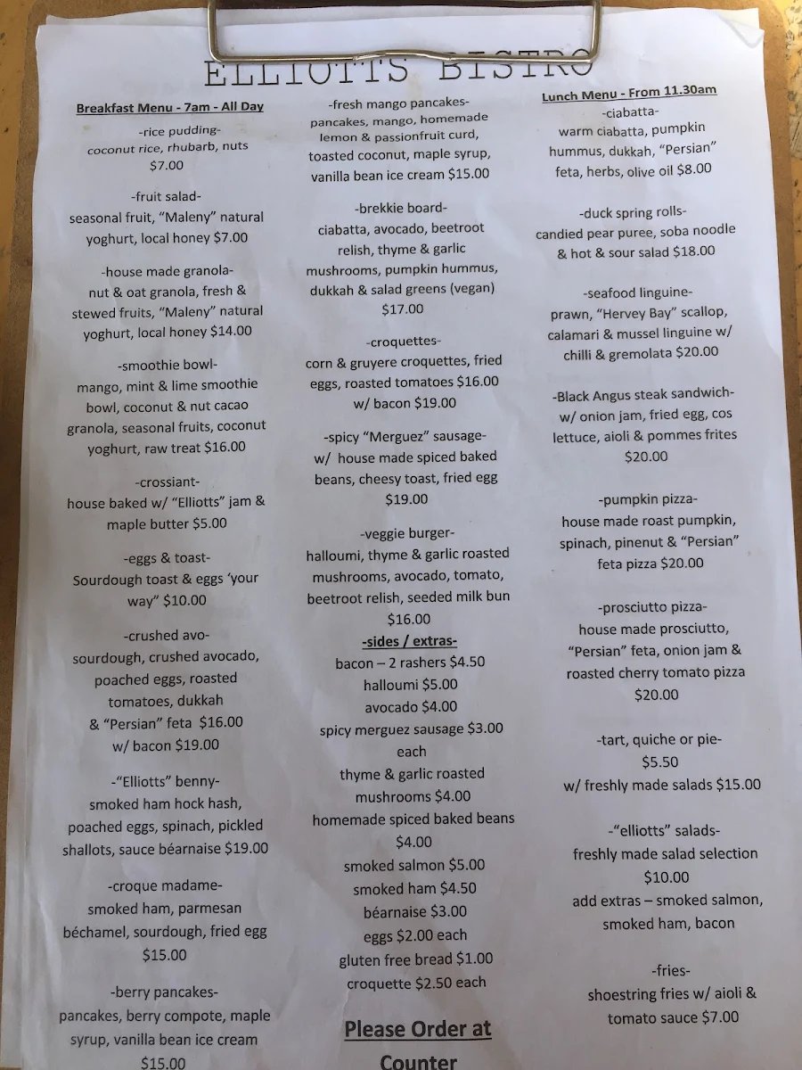 Menu, Elliott's Bistro