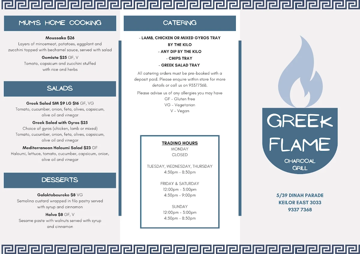 Menu, Greek Flame - Charcoal Grill