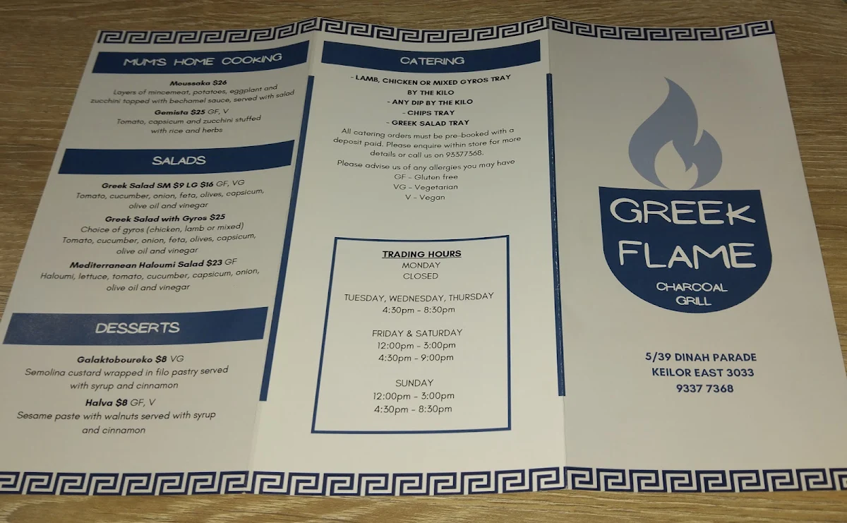 Menu, Greek Flame - Charcoal Grill