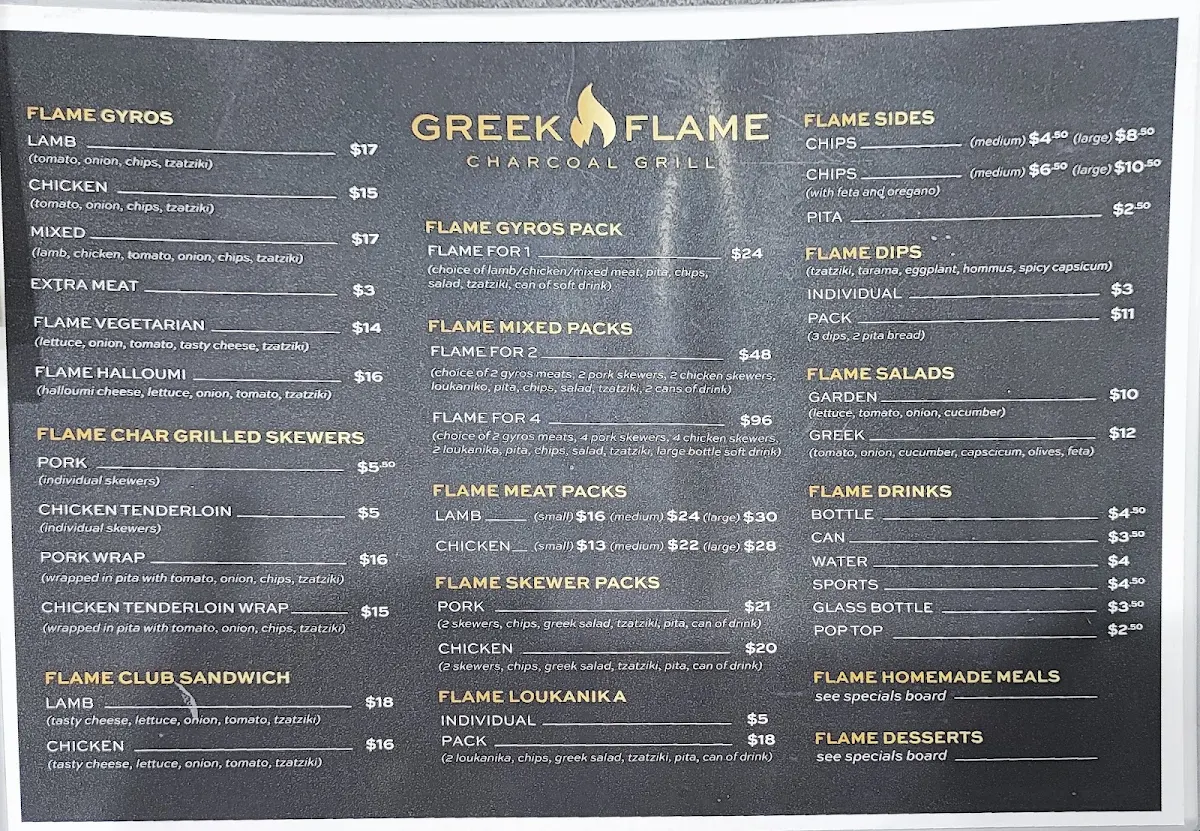 Menu, Greek Flame - Charcoal Grill