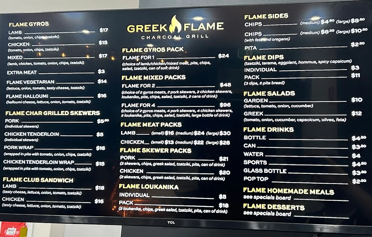 Menu, Greek Flame - Charcoal Grill