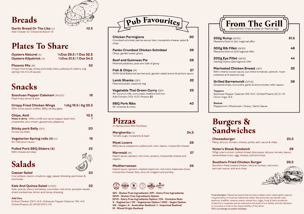 Menu, Phoenix Hotel