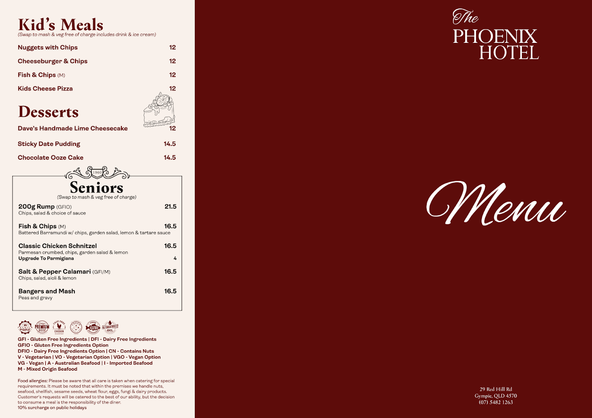 Menu, Phoenix Hotel