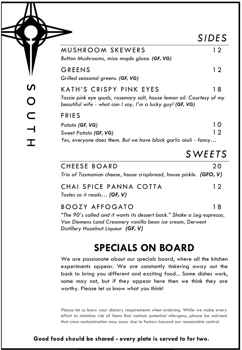 Menu, South Wine Bar