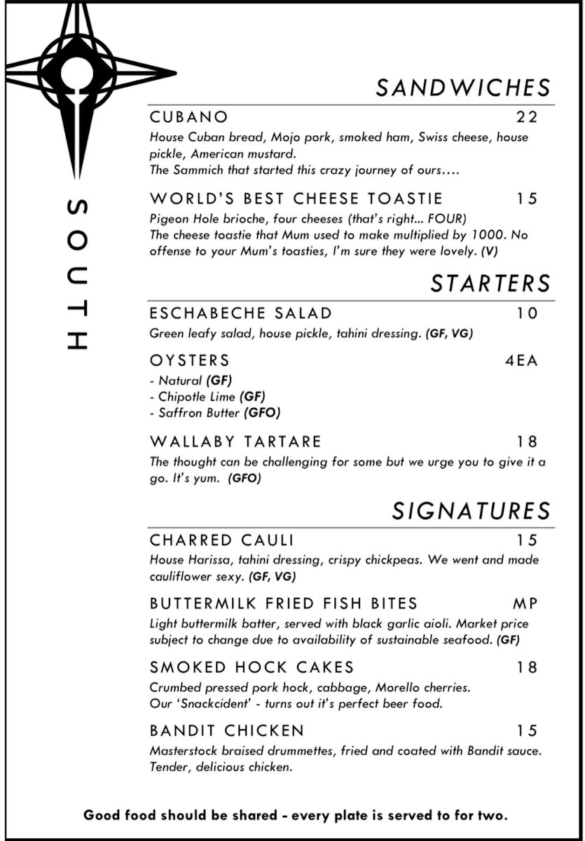 Menu, South Wine Bar
