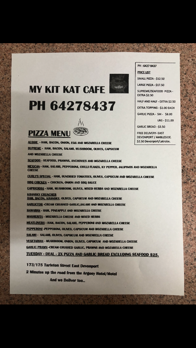 Menu, My Kit Kat Cafe & Pizza and Takeaway