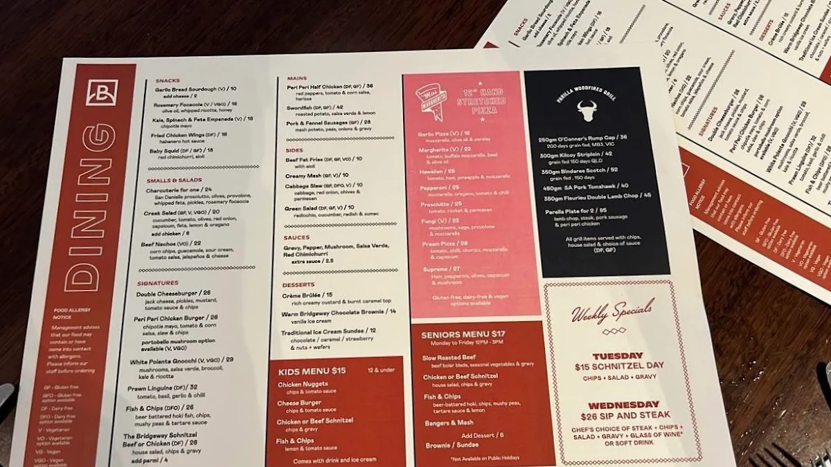 Menu, Bridgeway Hotel
