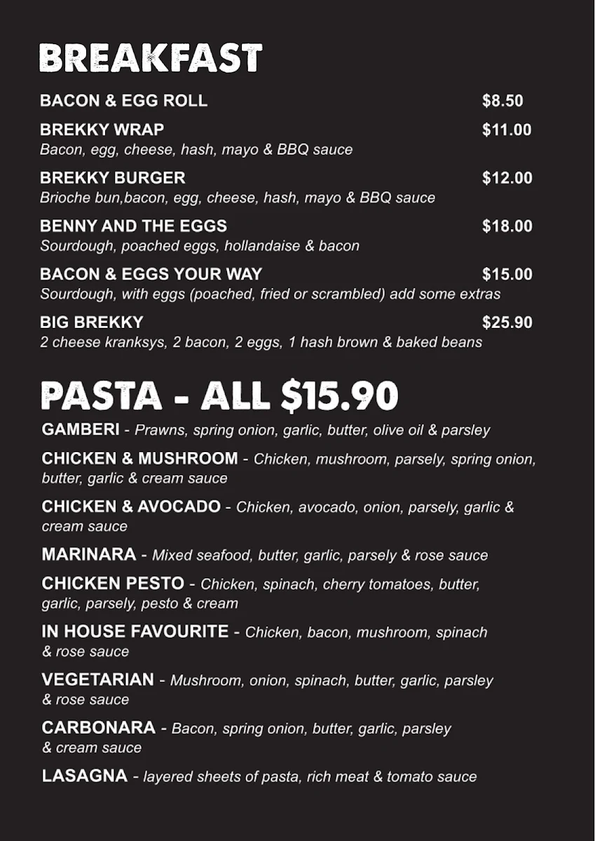 Menu, Pirie Pizza House