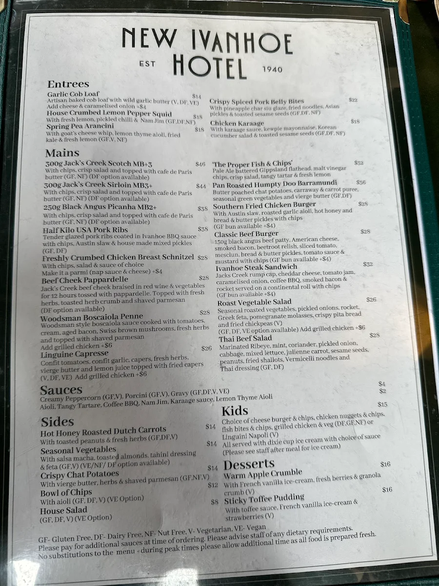Menu, The Ivanhoe Bistro