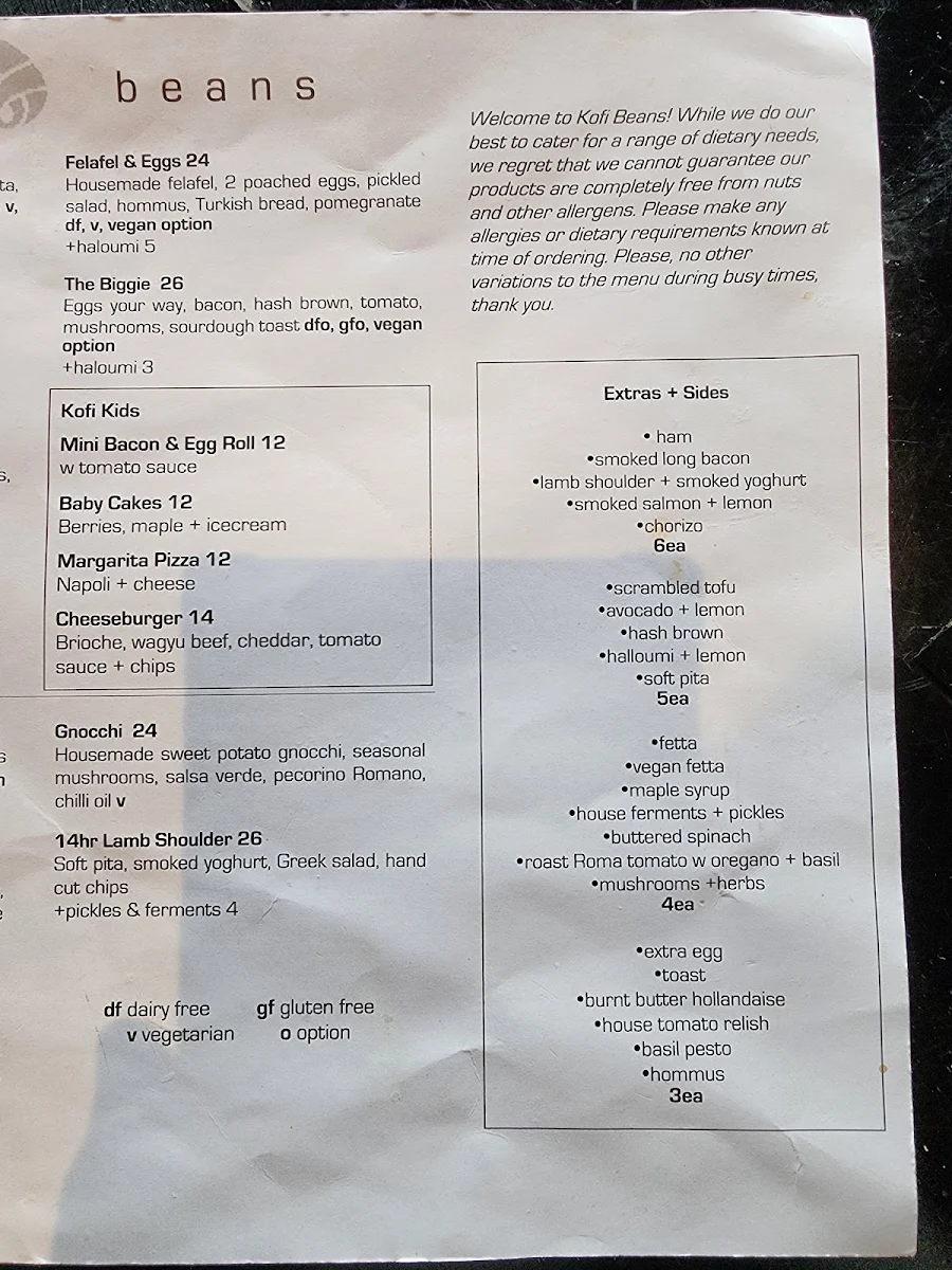 Menu, Kofi Beans