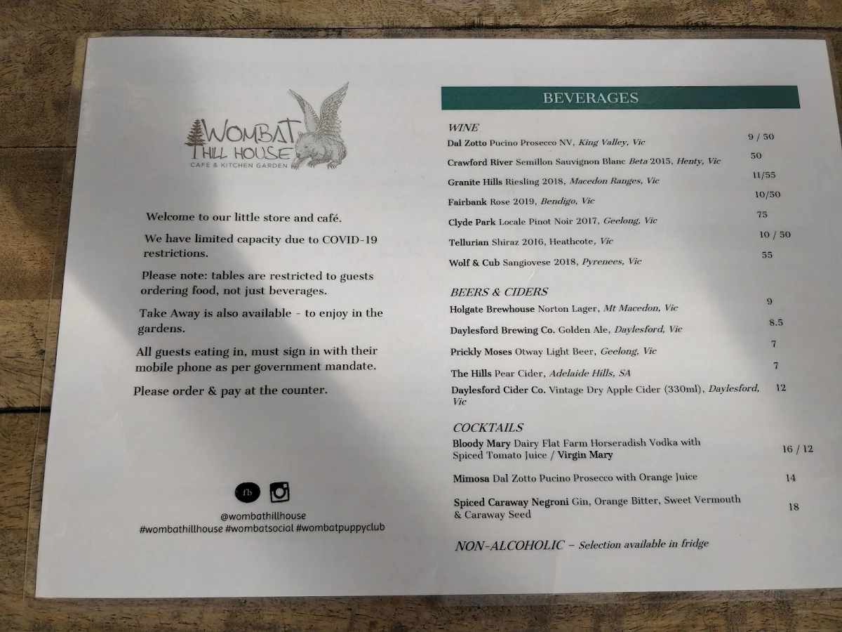 Menu, Wombat Hill House, Daylesford