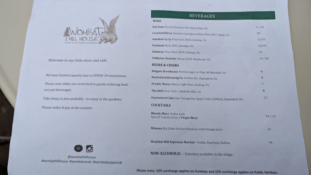 Menu, Wombat Hill House, Daylesford