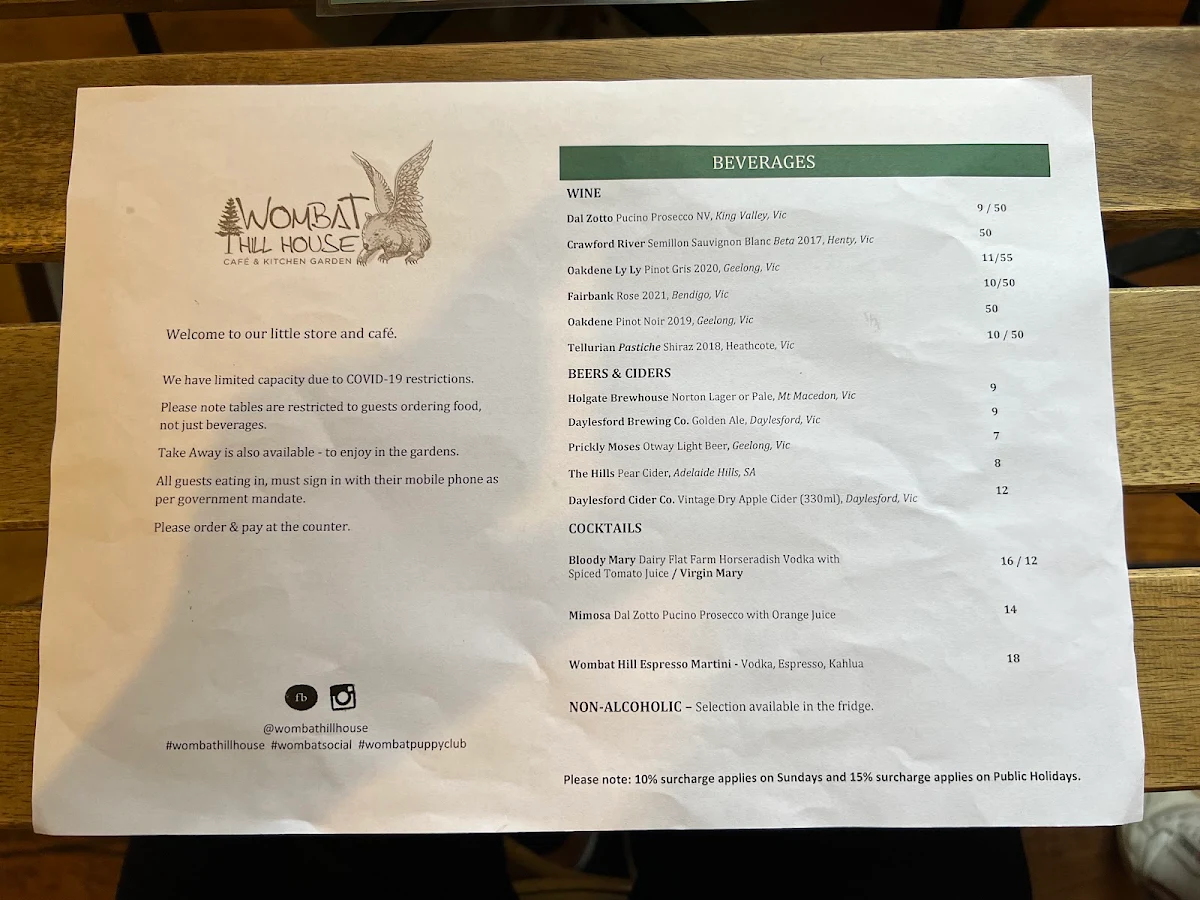 Menu, Wombat Hill House, Daylesford
