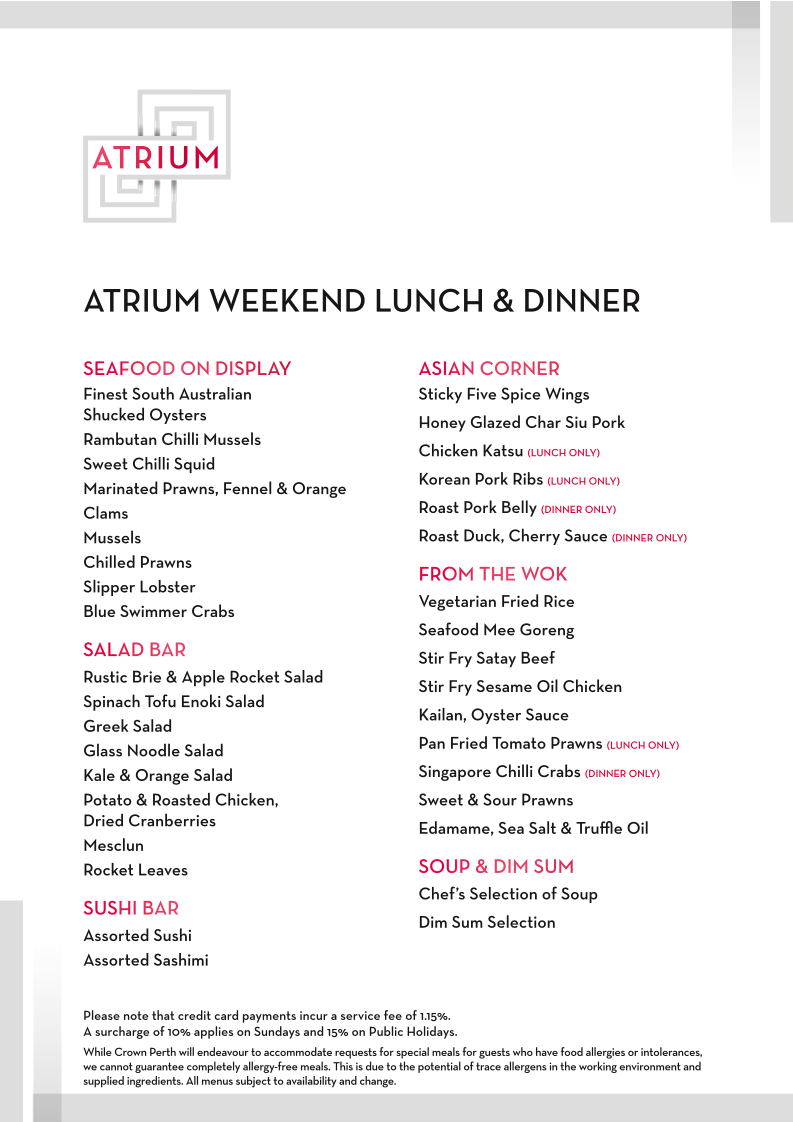 Menu, Atrium Buffet