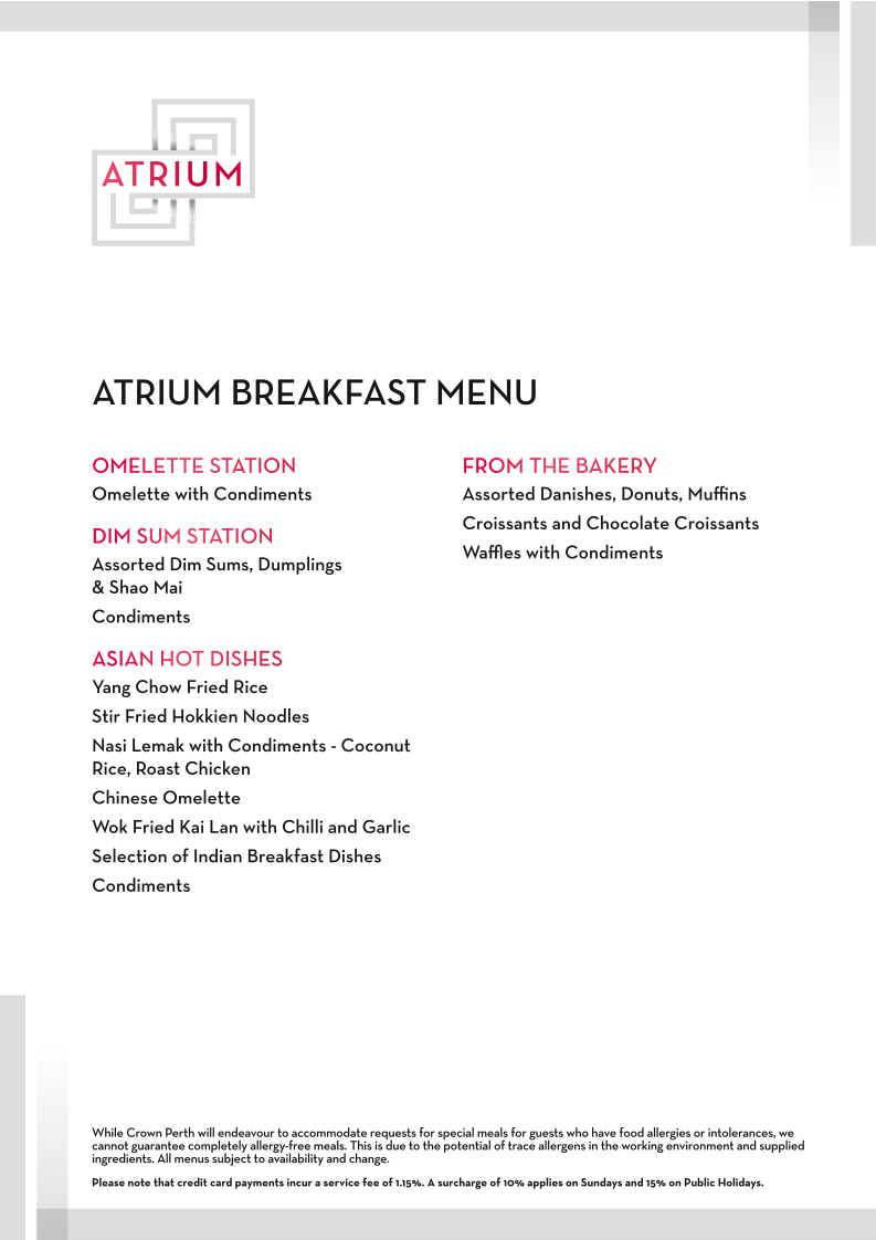 Menu, Atrium Buffet