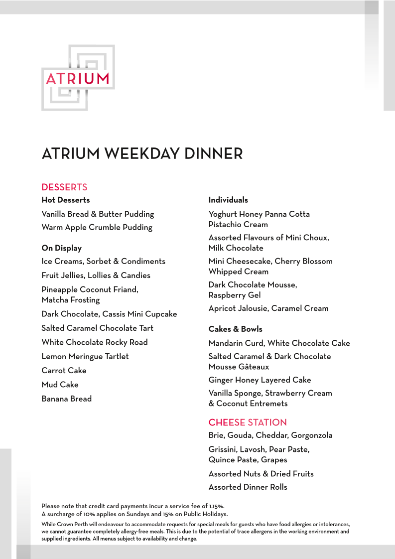 Menu, Atrium Buffet