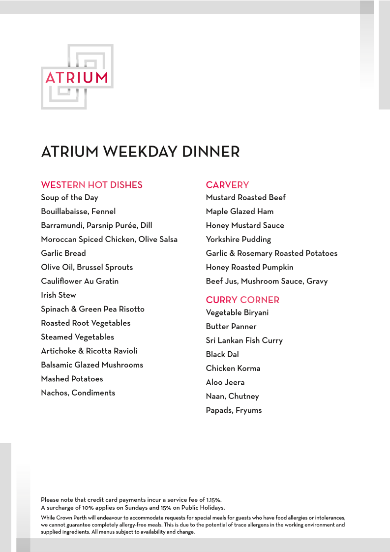 Menu, Atrium Buffet