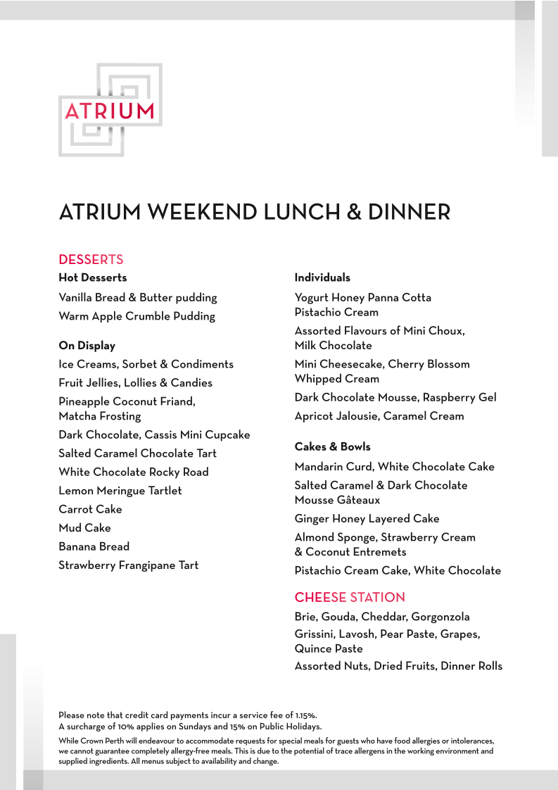 Menu, Atrium Buffet